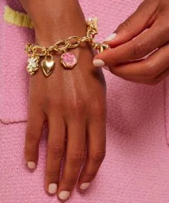 Earrings Bracelets Elegant Shop -Earrings Bracelets Elegant Shop Kendra Scott Barbie Charm Bracelet Pink Iridescent Glitter Glass Gold 02