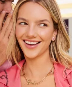 Barbie™ X Kendra Scott Gold Emilie Stud Earrings In Pink Iridescent Glitter Glass -Earrings Bracelets Elegant Shop Kendra Scott Barbie Emilie Stud Earring Pink Iridescent Glitter Glass Gold 00