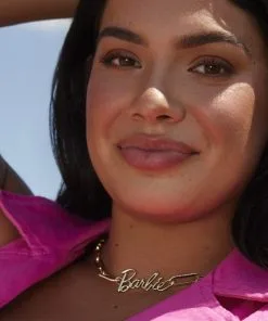 Barbie™ X Kendra Scott Gold Link And Chain Necklace In Pink Crystal -Earrings Bracelets Elegant Shop Kendra Scott Barbie Paperclip Chain Neckalce Pink Gold 01