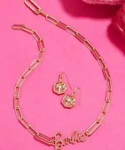 Barbie™ X Kendra Scott Gold Link And Chain Necklace In Pink Crystal -Earrings Bracelets Elegant Shop Kendra Scott Barbie Paperclip Chain Neckalce Pink Gold 03