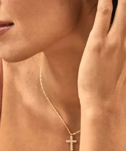 Kendra Scott Cross Gold Pendant Necklace In White Crystal -Earrings Bracelets Elegant Shop Kendra Scott Cross Pendant Necklace White Crystal Gold 00