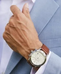 Kendra Scott Evans Stainless Steel 44mm Chronograph Watch In Ivory -Earrings Bracelets Elegant Shop Kendra Scott Evans 44m Chronograph Watch Eggshell Luggage Leather Stainless Steel 00