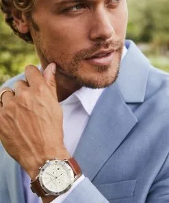 Kendra Scott Evans Stainless Steel 44mm Chronograph Watch In Ivory -Earrings Bracelets Elegant Shop Kendra Scott Evans 44m Chronograph Watch Eggshell Luggage Leather Stainless Steel 01