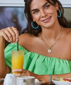 Kendra Scott Jovie Gold Beaded Hoop Earrings In Variegated Dark Teal Magnesite -Earrings Bracelets Elegant Shop Kendra Scott Jovie Beaded Hoop Earring Dark Teal Gold 00