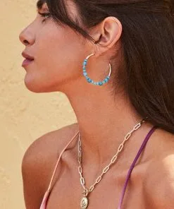 Kendra Scott Jovie Gold Beaded Hoop Earrings In Variegated Dark Teal Magnesite -Earrings Bracelets Elegant Shop Kendra Scott Jovie Beaded Hoop Earring Dark Teal Gold 01