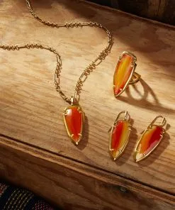 Kendra Scott Skylar Vintage Gold Small Long Pendant In Orange Banded Agate -Earrings Bracelets Elegant Shop Kendra Scott Skylar Small Long Pendant Necklace Orange Banded Agate Vintage Gold 00