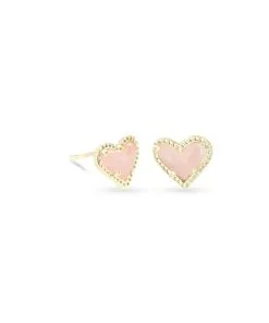 Kendra Scott Ari Heart Gold Stud Earrings In Rose Quartz -Earrings Bracelets Elegant Shop kendra scott ari heart earring rose quartz 01 lg