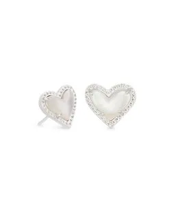 Kendra Scott Ari Heart Silver Stud Earrings In Ivory Mother-of-Pearl