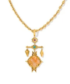 Kendra Scott Cass Vintage Gold Large Long Pendant Necklace In Orange Banded Agate