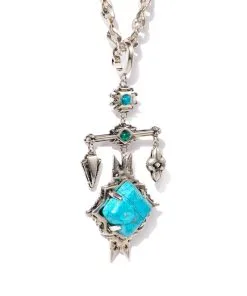 Kendra Scott Cass Vintage Silver Large Long Pendant Necklace In Variegated Dark Teal Magnesite -Earrings Bracelets Elegant Shop kendra scott cass lg long pendant necklace vintage silver teal howlite 01