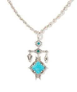 Kendra Scott Cass Vintage Silver Large Long Pendant Necklace In Variegated Dark Teal Magnesite
