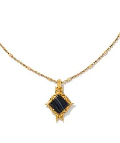 Kendra Scott Cass Vintage Gold Long Pendant Necklace In Black Banded Agate