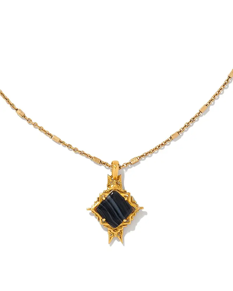Kendra Scott Cass Vintage Gold Long Pendant Necklace In Black Banded Agate 3 Kendra Scott Cass Vintage Gold Long Pendant Necklace In Black Banded Agate