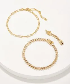 Kendra Scott Courtney Gold Paperclip Bracelet Set Of 2 In White Crystal