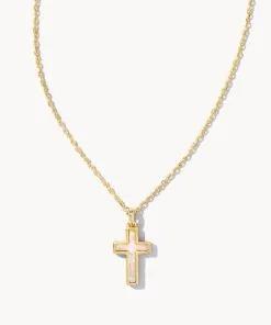 Kendra Scott Cross Gold Pendant Necklace In White Kyocera Opal