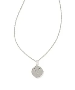 Kendra Scott Letter V Silver Disc Reversible Pendant Necklace In Iridescent Abalone -Earrings Bracelets Elegant Shop kendra scott letter v disc pendant necklace silver iridescent abalone 02