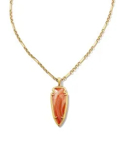 Kendra Scott Skylar Vintage Gold Small Long Pendant In Orange Banded Agate